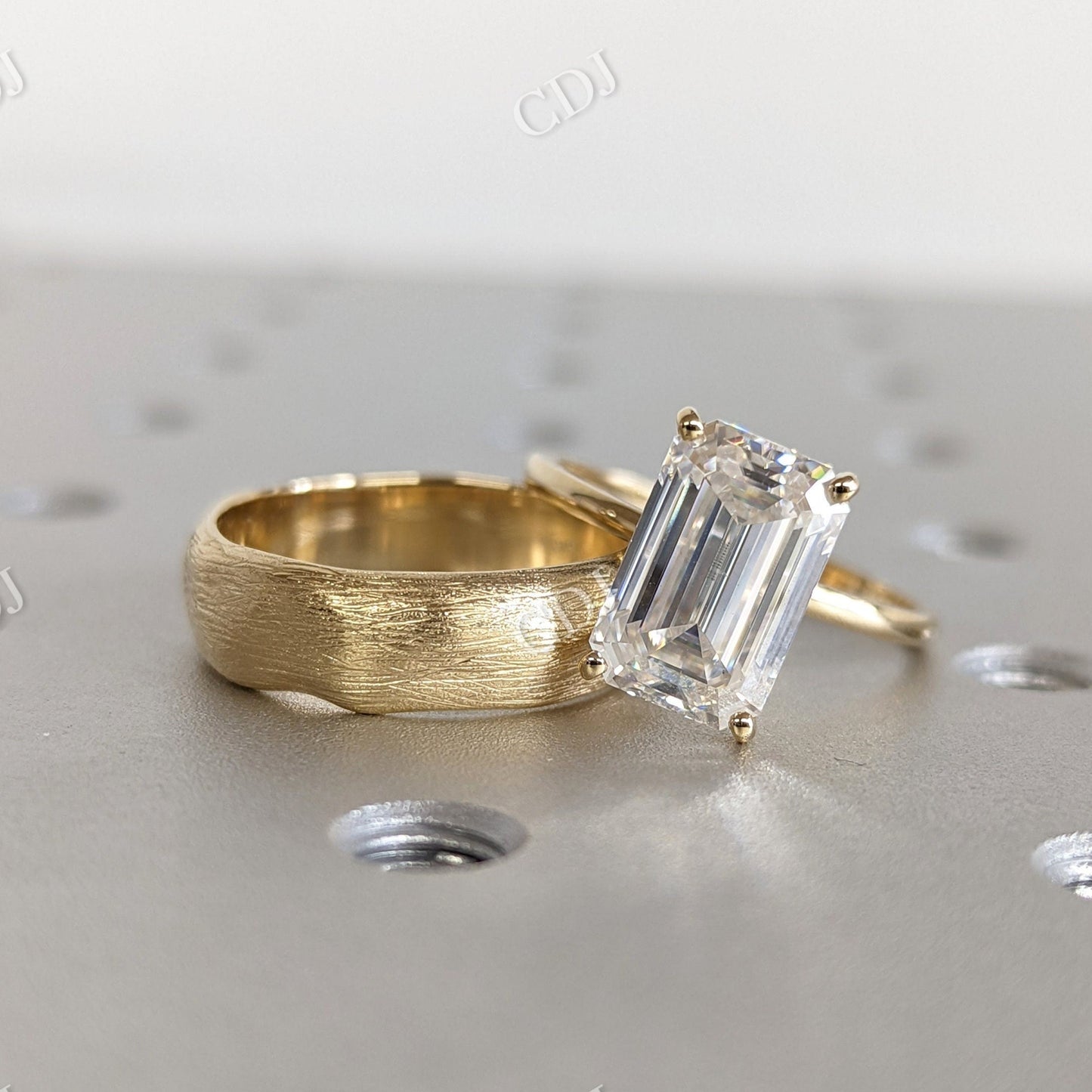 Unique Emerald Cut Moissanite Wedding Bridal Set  customdiamjewel 10 KT Yellow Gold VVS-EF