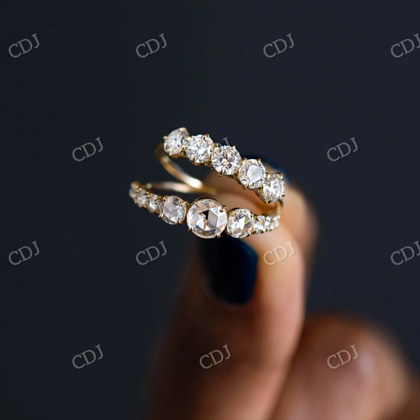 Round Rose Cut Moissanite Waterway Ring  customdiamjewel   