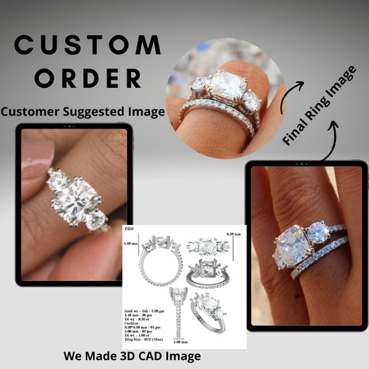 Cushion Cut Moissanite Three Stone Engagement Ring Full Eternity Weeding Band  customdiamjewel   