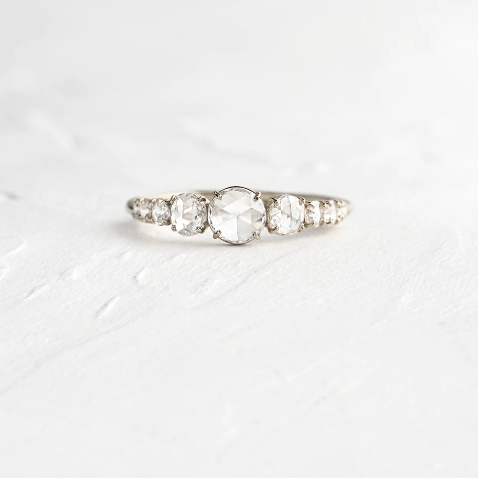 Round Rose Cut Moissanite Waterway Ring  customdiamjewel 10KT White Gold VVS-EF