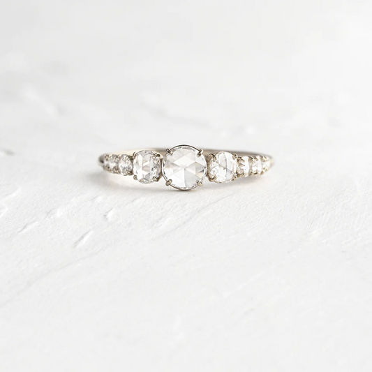 Round Rose Cut Moissanite Waterway Ring  customdiamjewel 10KT White Gold VVS-EF