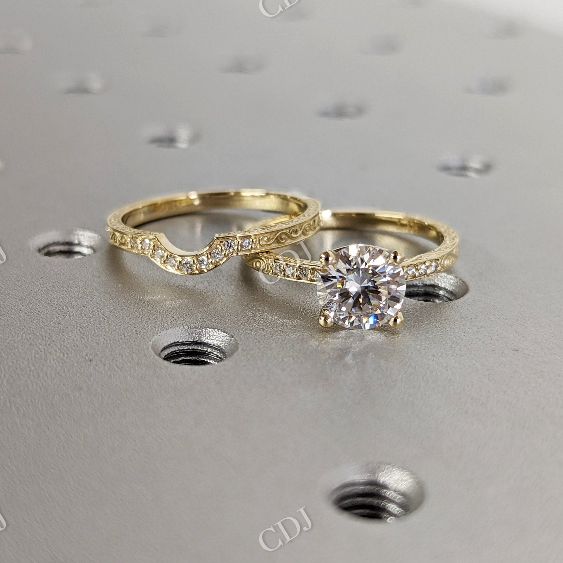 Vintage Round White Gold Micro Pave Engraved Moissanite Engagement Ring  customdiamjewel 10 KT Yellow Gold VVS-EF