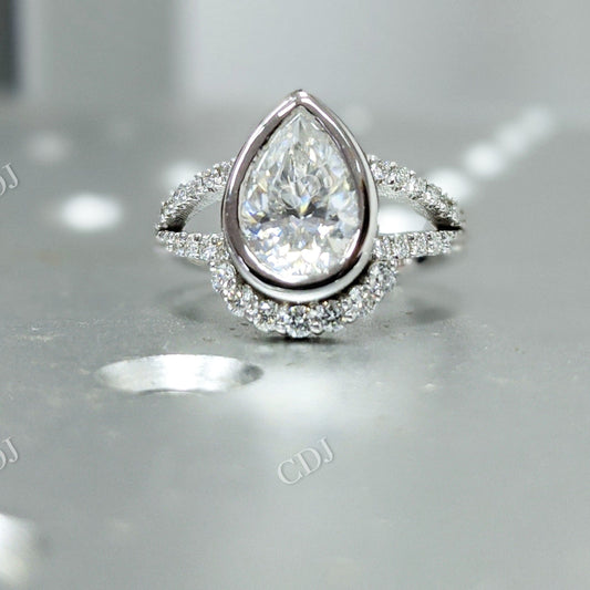 Bezel 14K Solid Gold Halo Pear Cut Moissanite Ring  customdiamjewel 10 KT White Gold VVS-EF