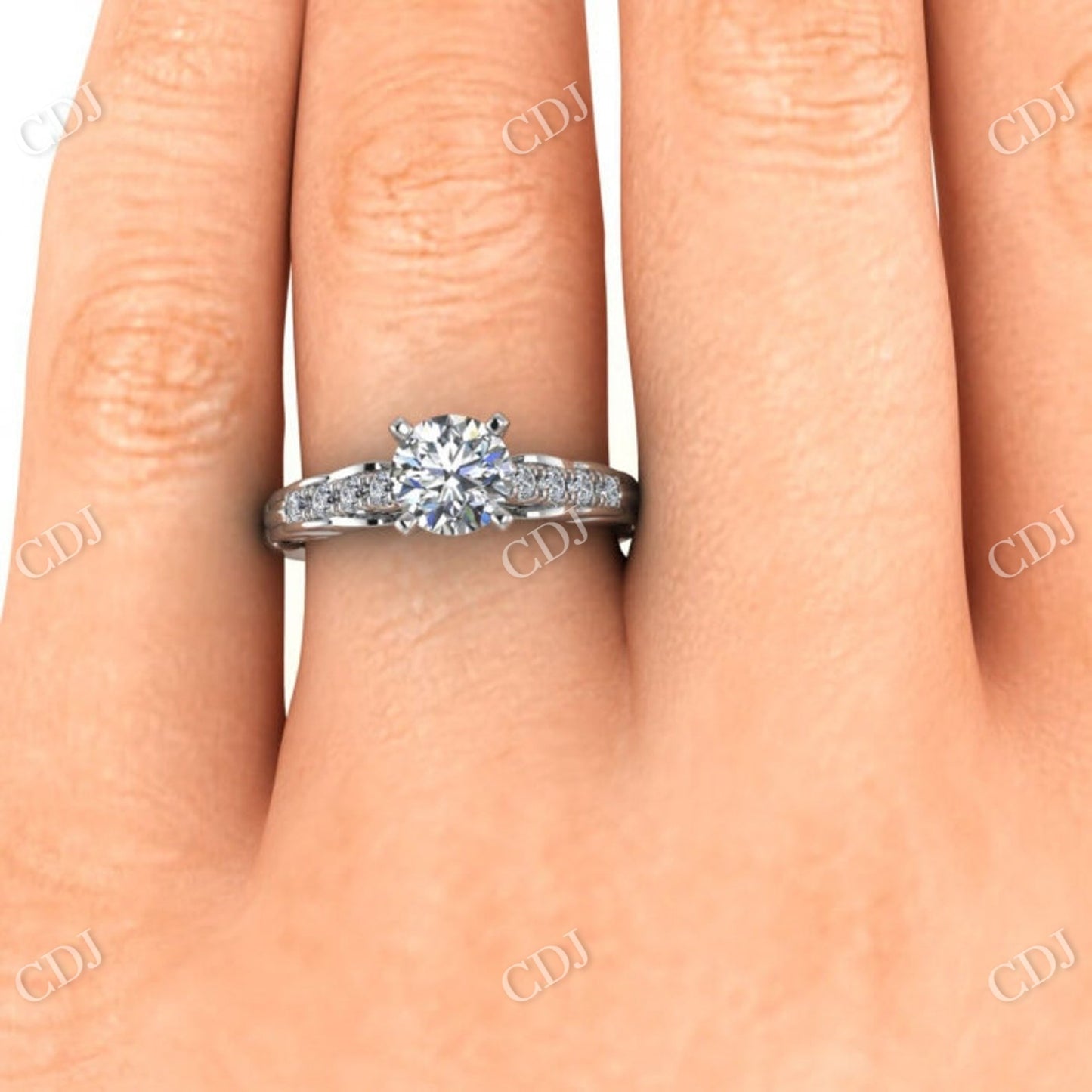 White Gold Vintage Style Moissanite Ring, Tapered Bottom With Wraps, Pave Set Accents  customdiamjewel   