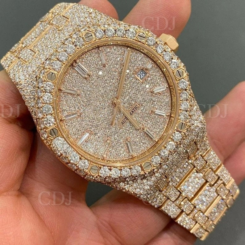 Rose Gold Pelted Ice Out Round Diamond Watch