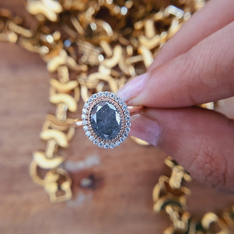 Oval Cut Salt And Pepper With Halos Around Diamond Engagement Ring  customdiamjewel   