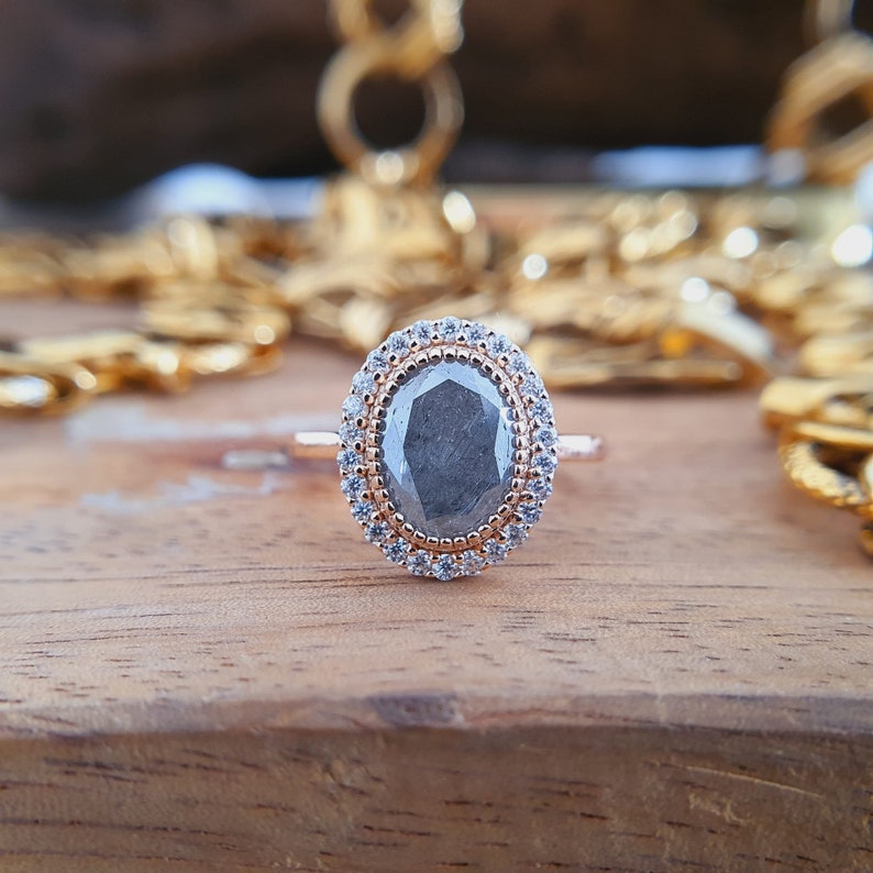 Oval Cut Salt And Pepper With Halos Around Diamond Engagement Ring  customdiamjewel   