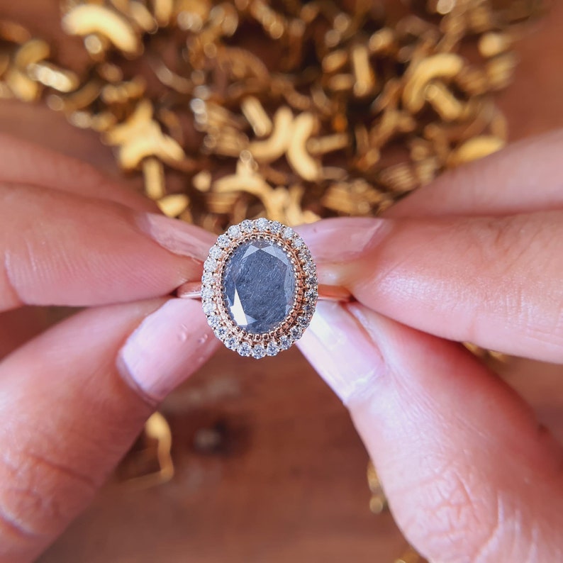 Oval Cut Salt And Pepper With Halos Around Diamond Engagement Ring  customdiamjewel   