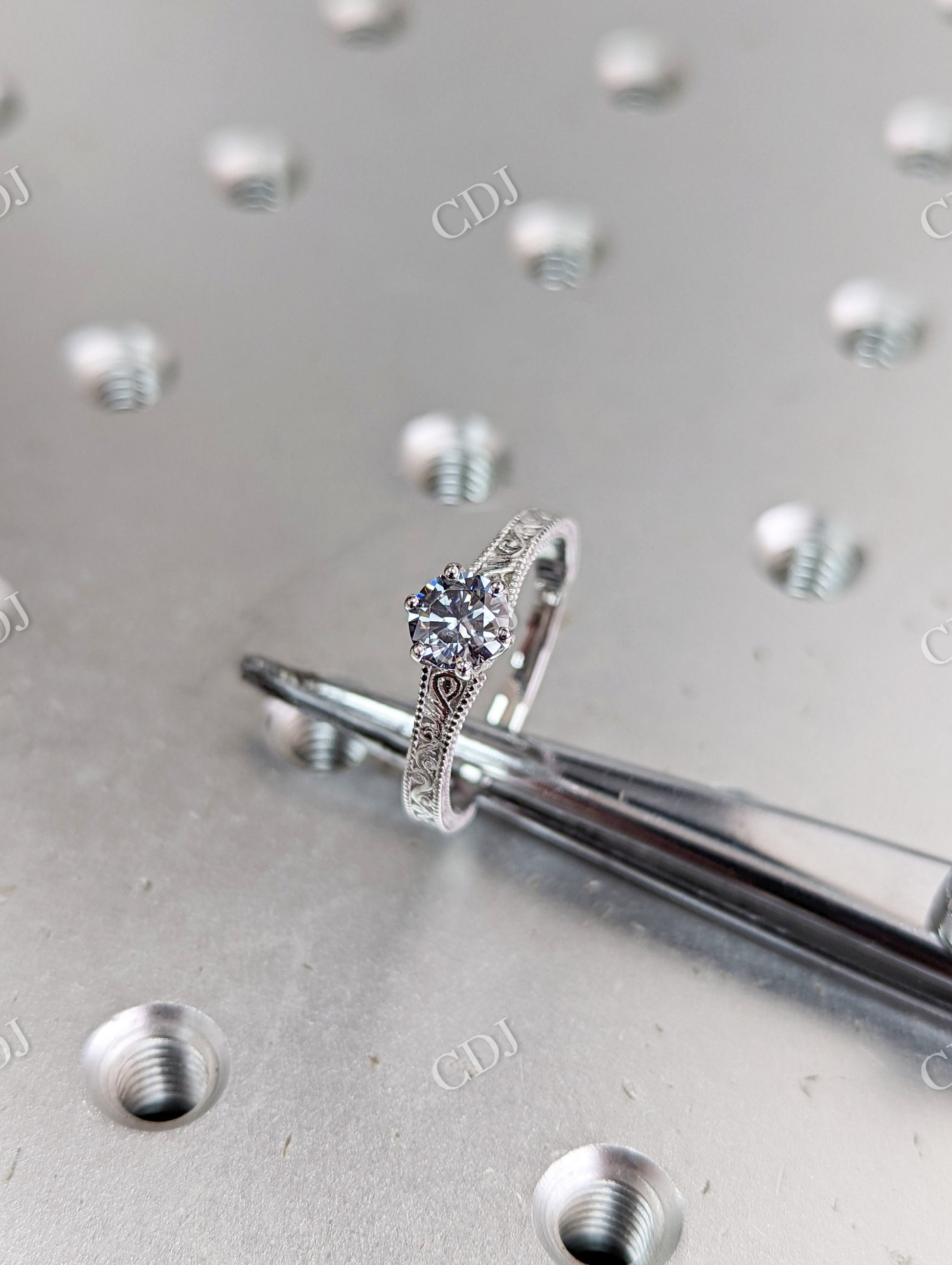 Antique 0.5 CT Round Grey Moissanite Miligrain Engagement Ring  customdiamjewel   