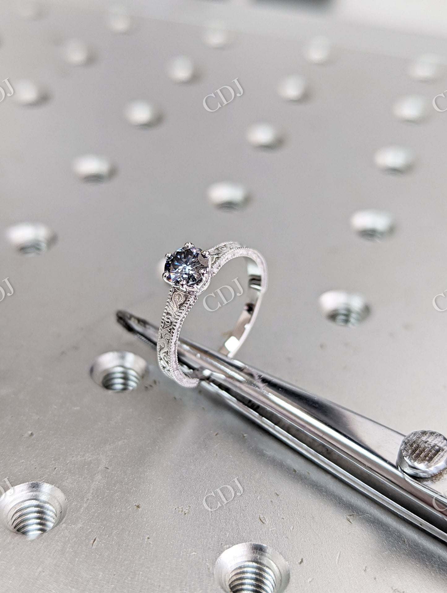 Antique 0.5 CT Round Grey Moissanite Miligrain Engagement Ring  customdiamjewel   