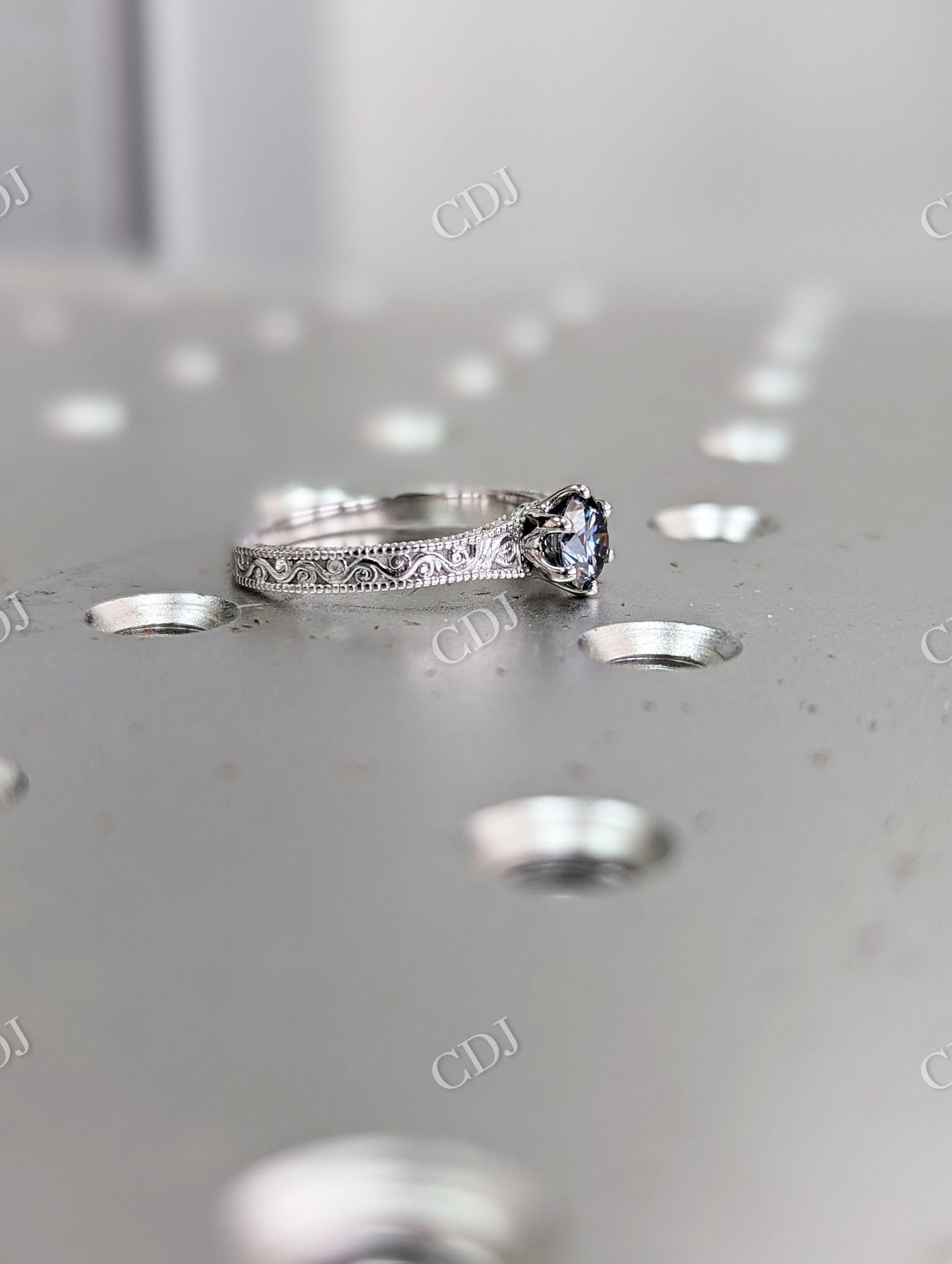 Antique 0.5 CT Round Grey Moissanite Miligrain Engagement Ring  customdiamjewel   