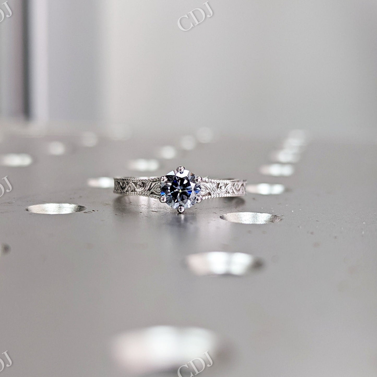 Antique 0.5 CT Round Grey Moissanite Miligrain Engagement Ring  customdiamjewel 10 KT White Gold VVS-EF