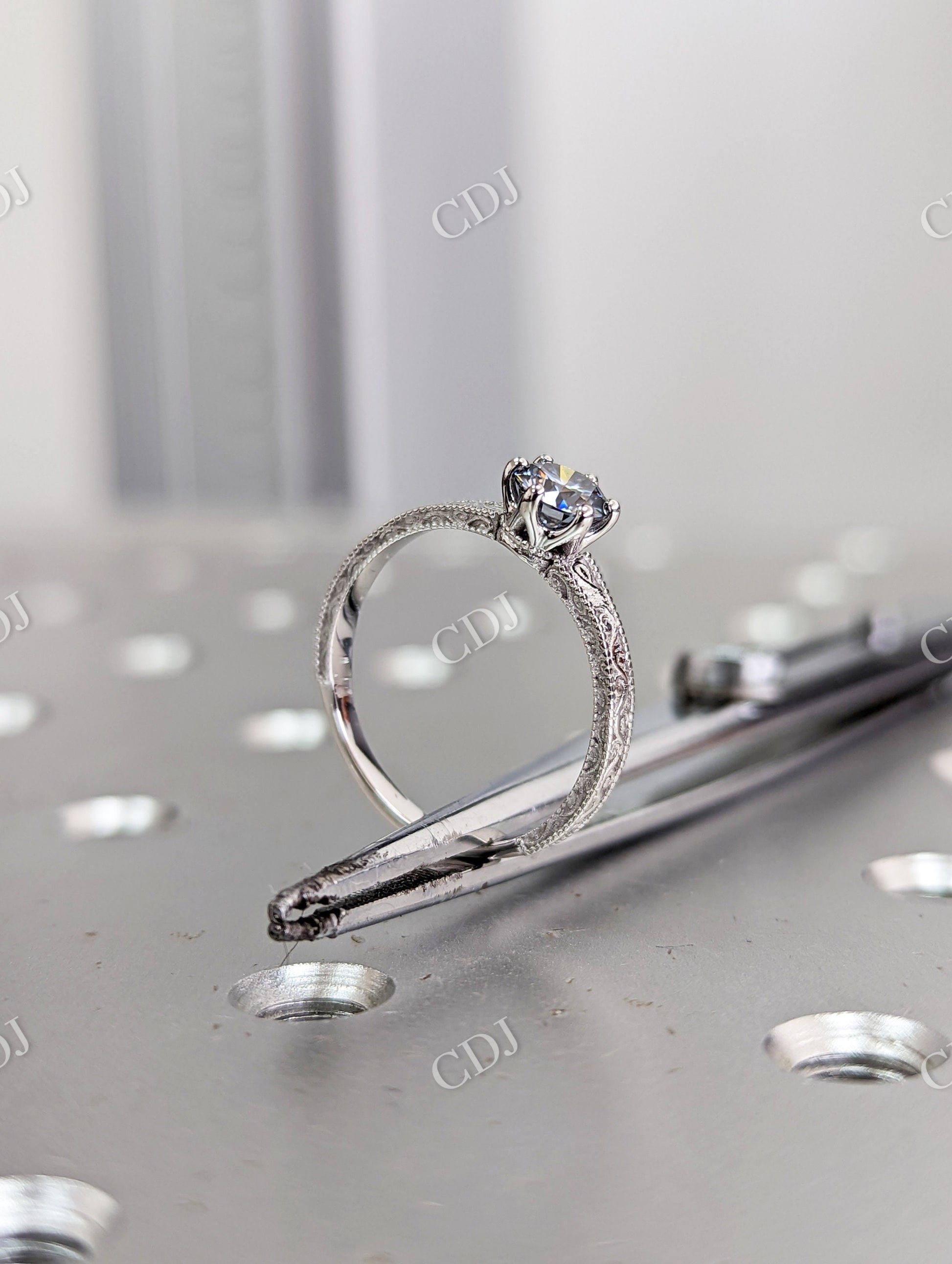 Antique 0.5 CT Round Grey Moissanite Miligrain Engagement Ring  customdiamjewel   