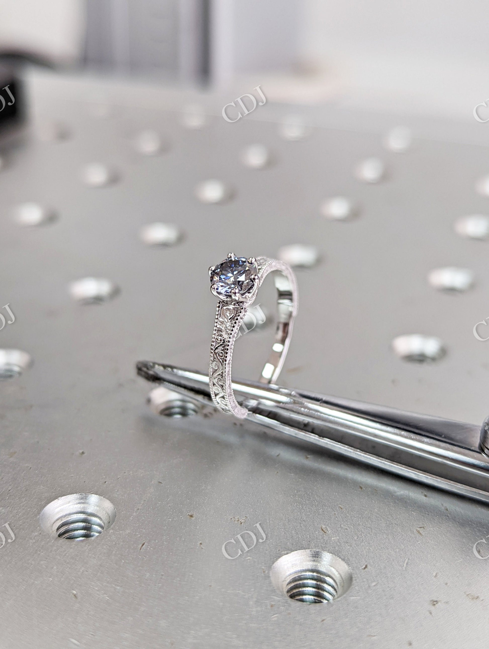 Antique 0.5 CT Round Grey Moissanite Miligrain Engagement Ring  customdiamjewel   