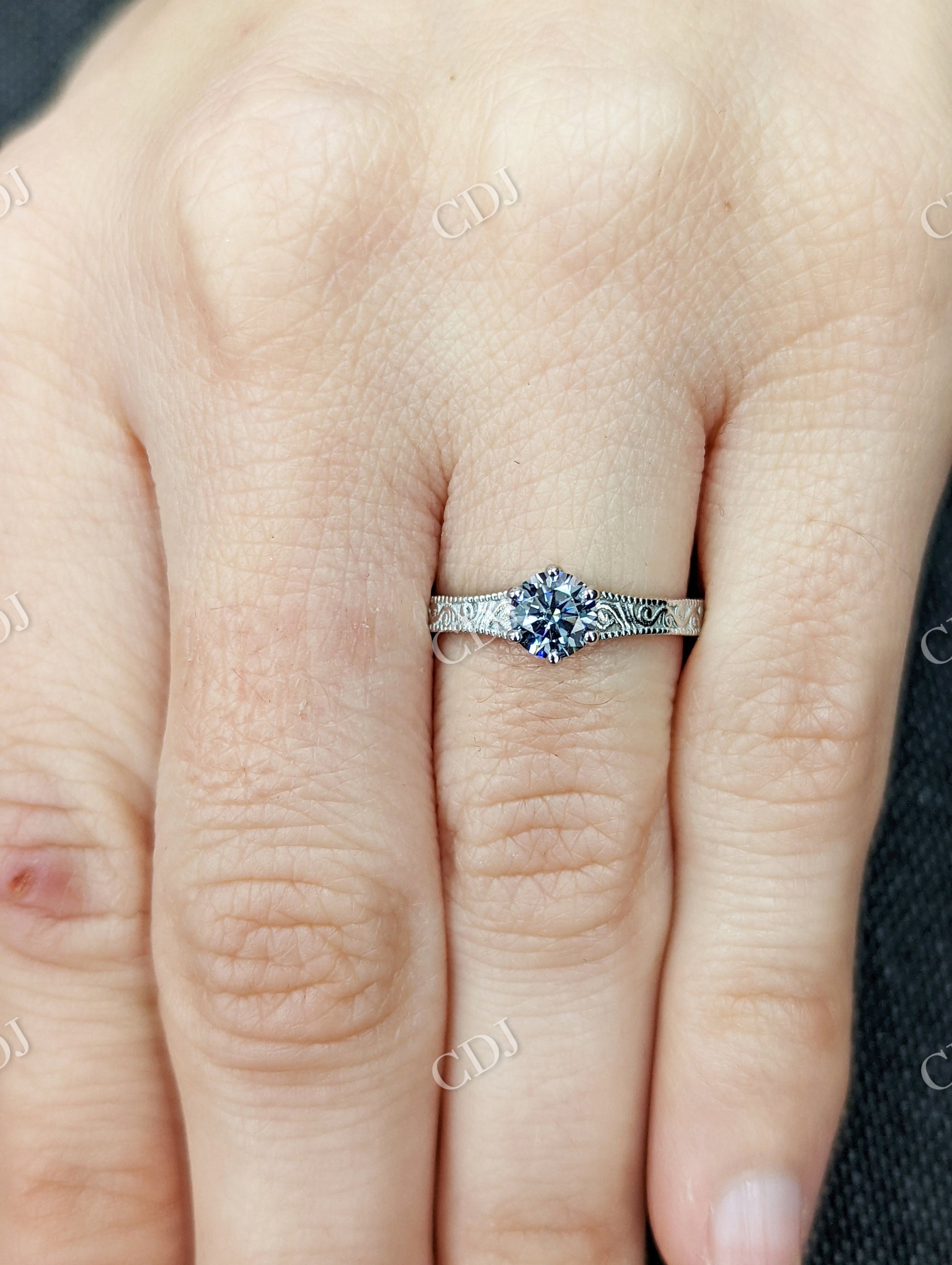 Antique 0.5 CT Round Grey Moissanite Miligrain Engagement Ring  customdiamjewel   