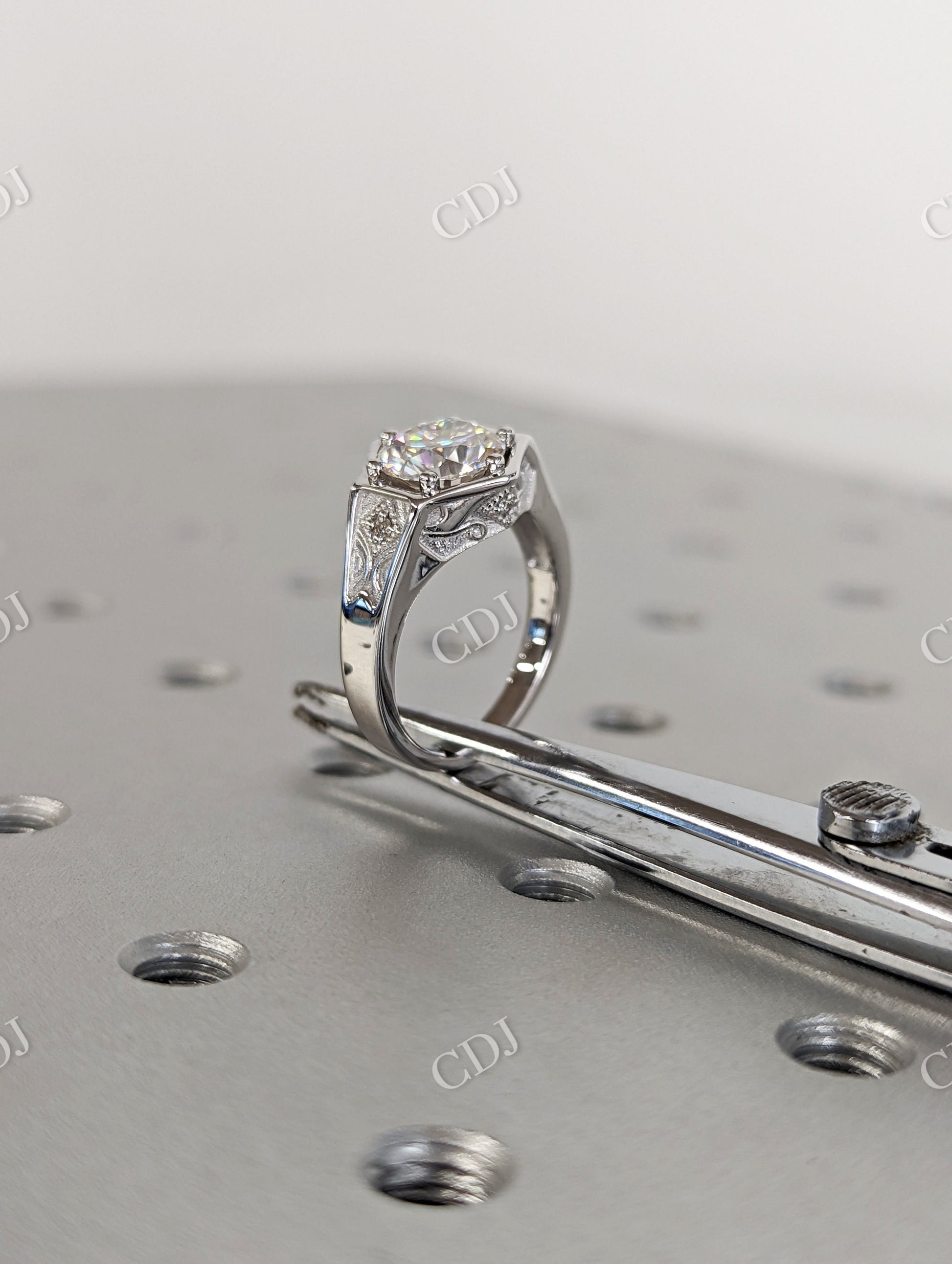 Unique Hexagon Round Moissanite Hexagon Bezel Setting Ring  customdiamjewel   