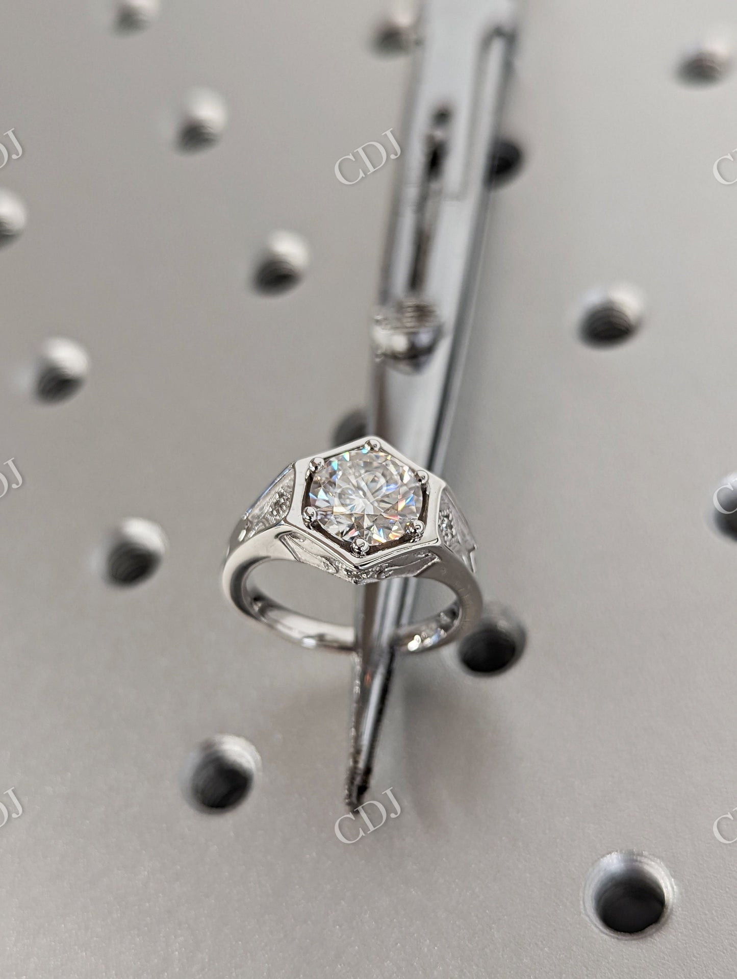 Unique Hexagon Round Moissanite Hexagon Bezel Setting Ring  customdiamjewel   