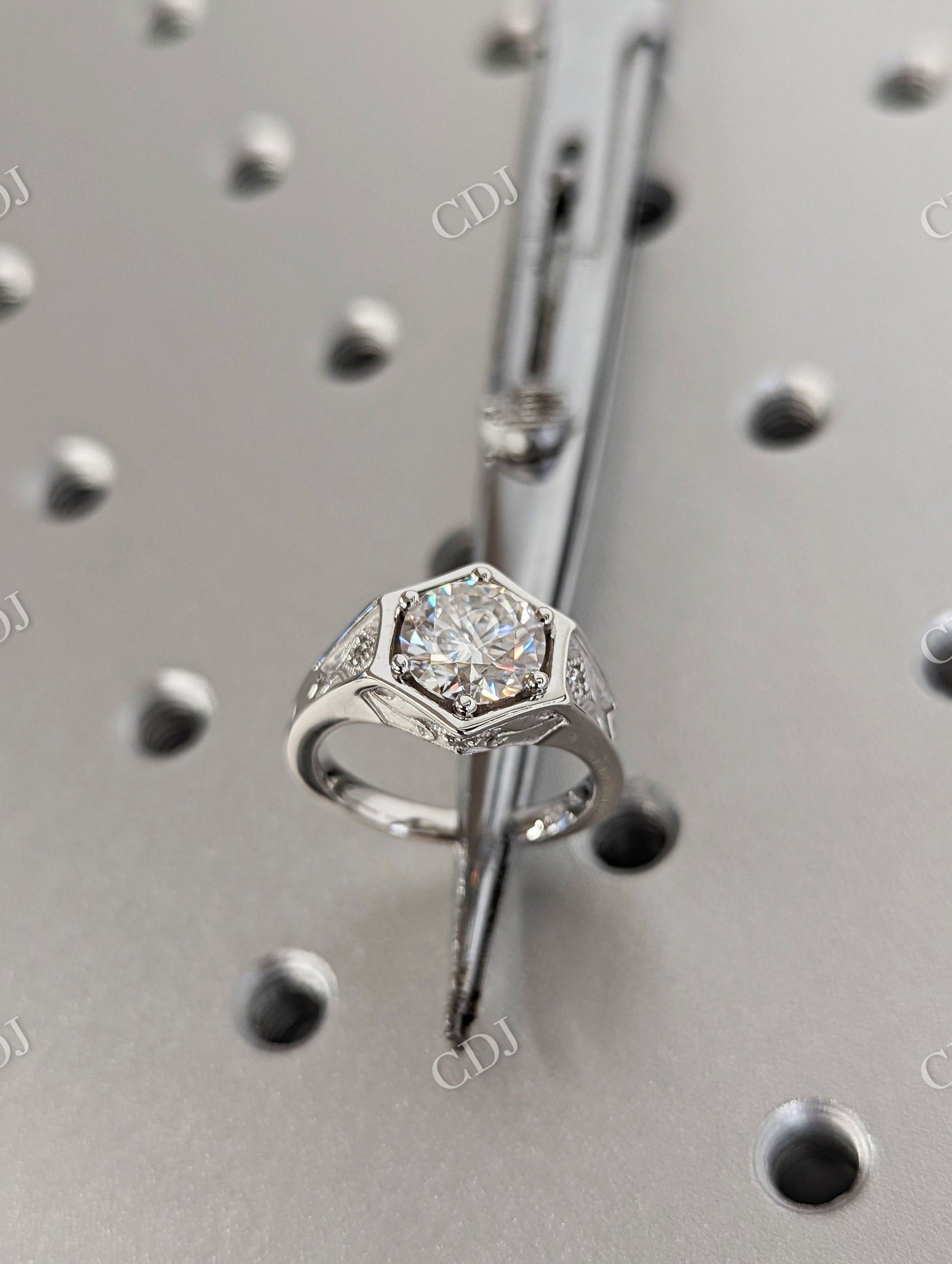 Unique Hexagon Round Moissanite Hexagon Bezel Setting Ring  customdiamjewel   