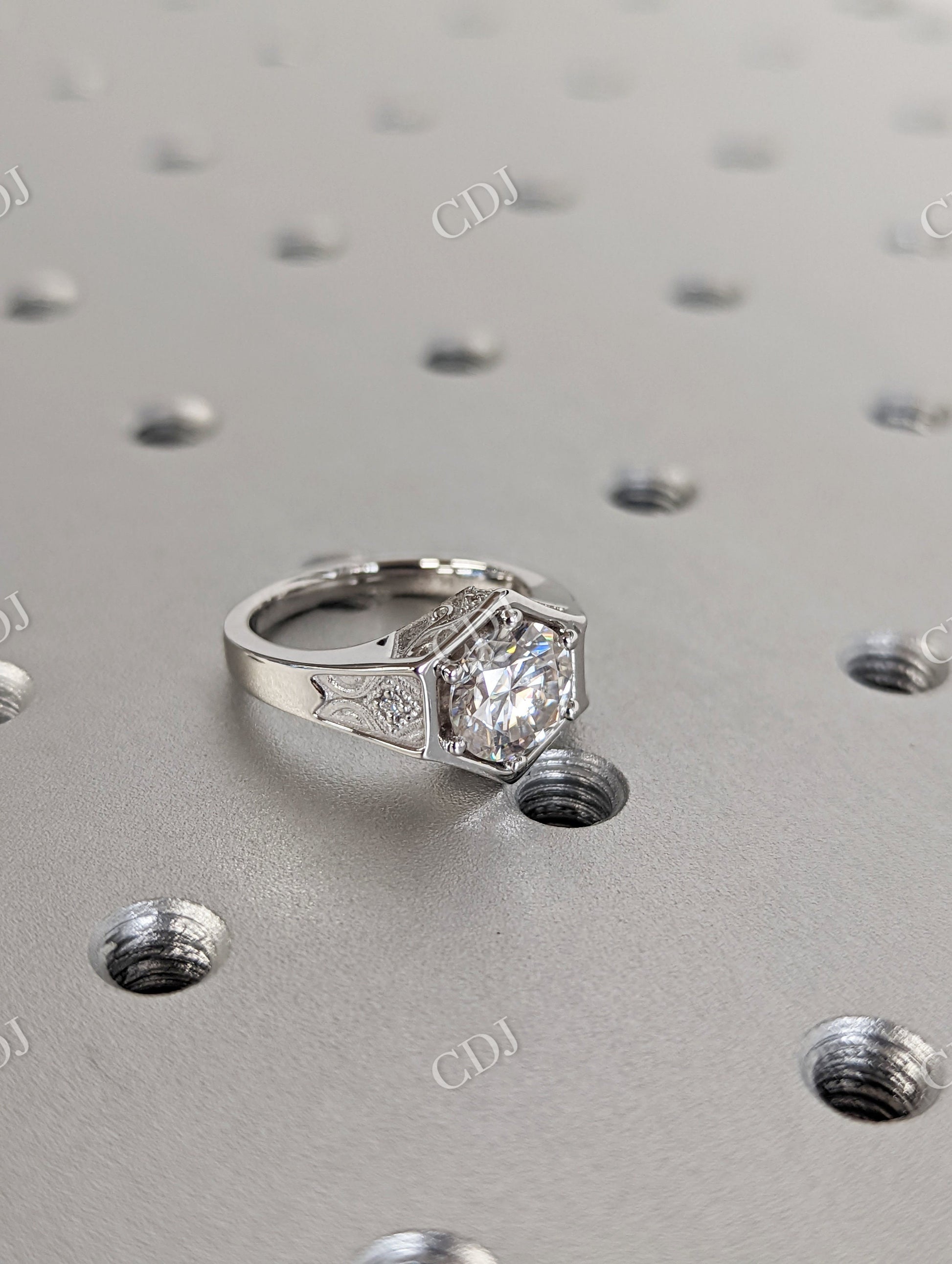 Unique Hexagon Round Moissanite Hexagon Bezel Setting Ring  customdiamjewel   