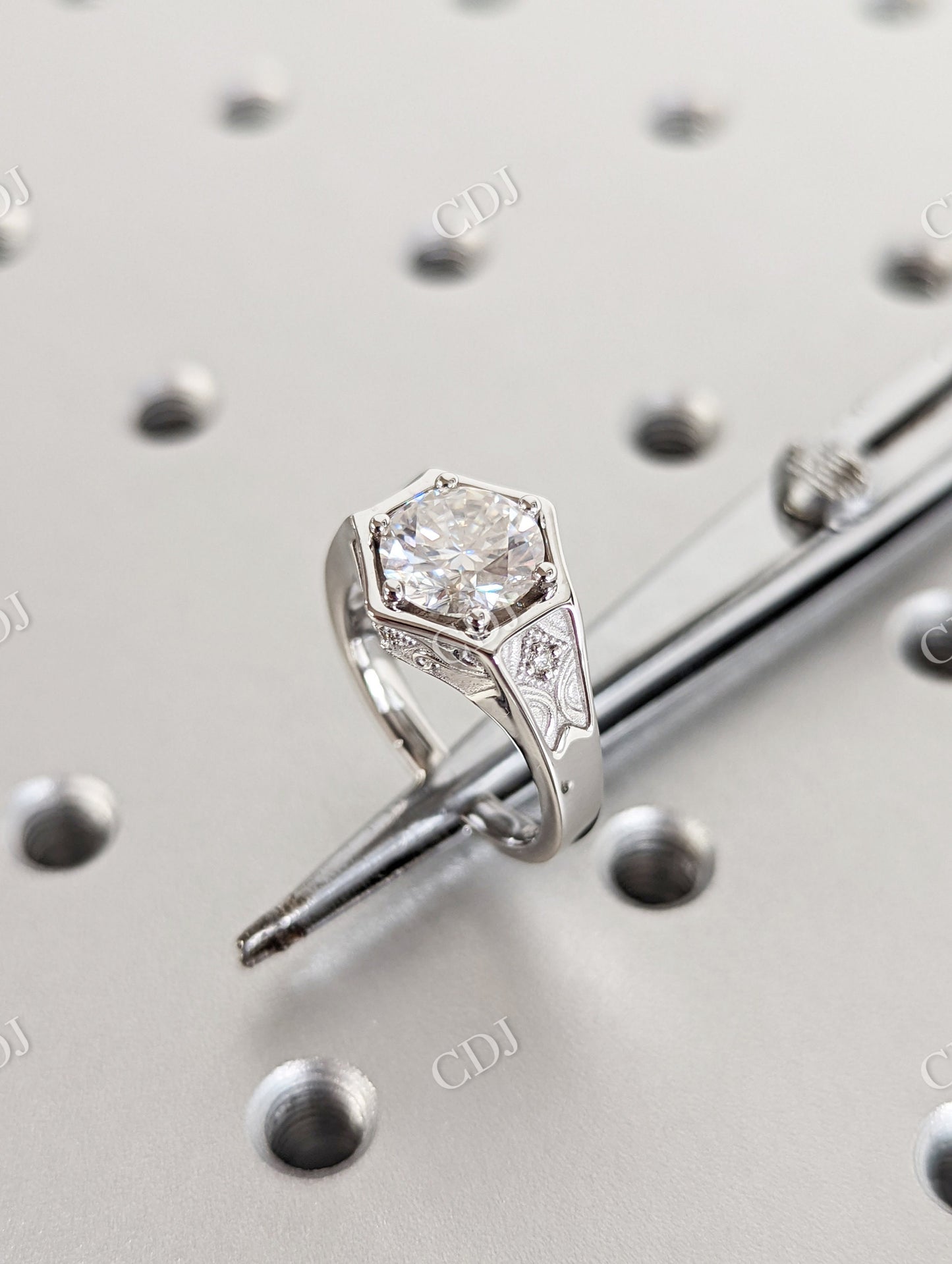 Unique Hexagon Round Moissanite Hexagon Bezel Setting Ring  customdiamjewel   