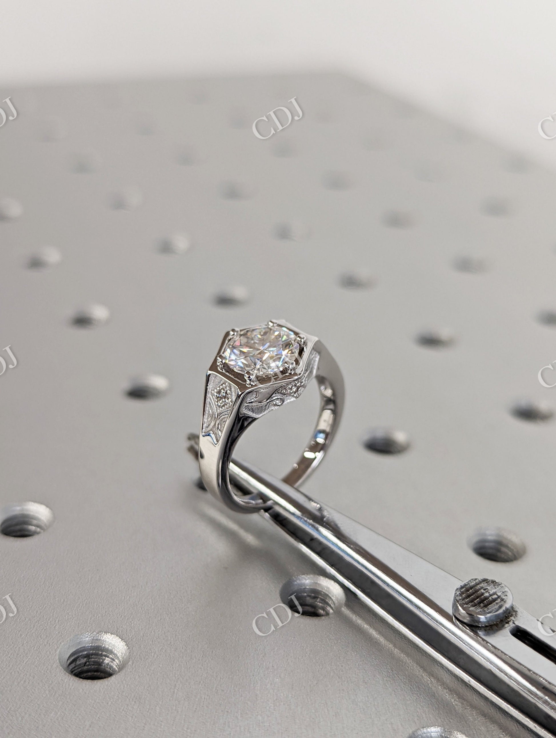 Unique Hexagon Round Moissanite Hexagon Bezel Setting Ring  customdiamjewel   