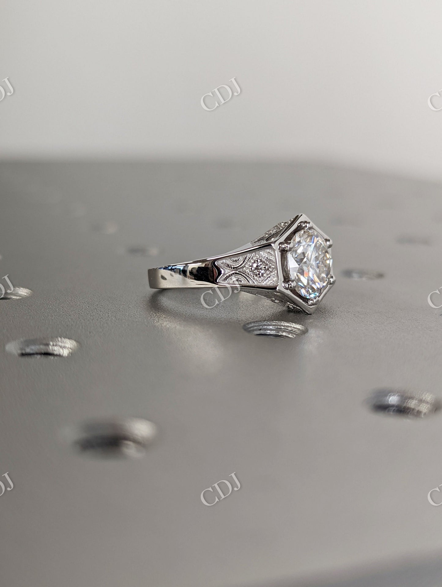 Unique Hexagon Round Moissanite Hexagon Bezel Setting Ring  customdiamjewel   