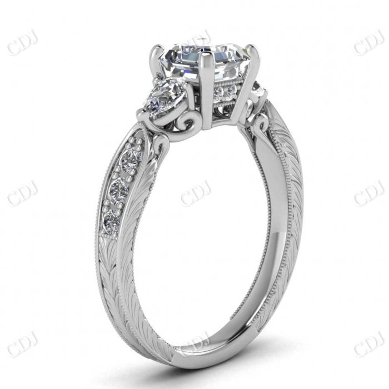 White Gold Asscher Cut Moissanite Pear Accent Ring  customdiamjewel   