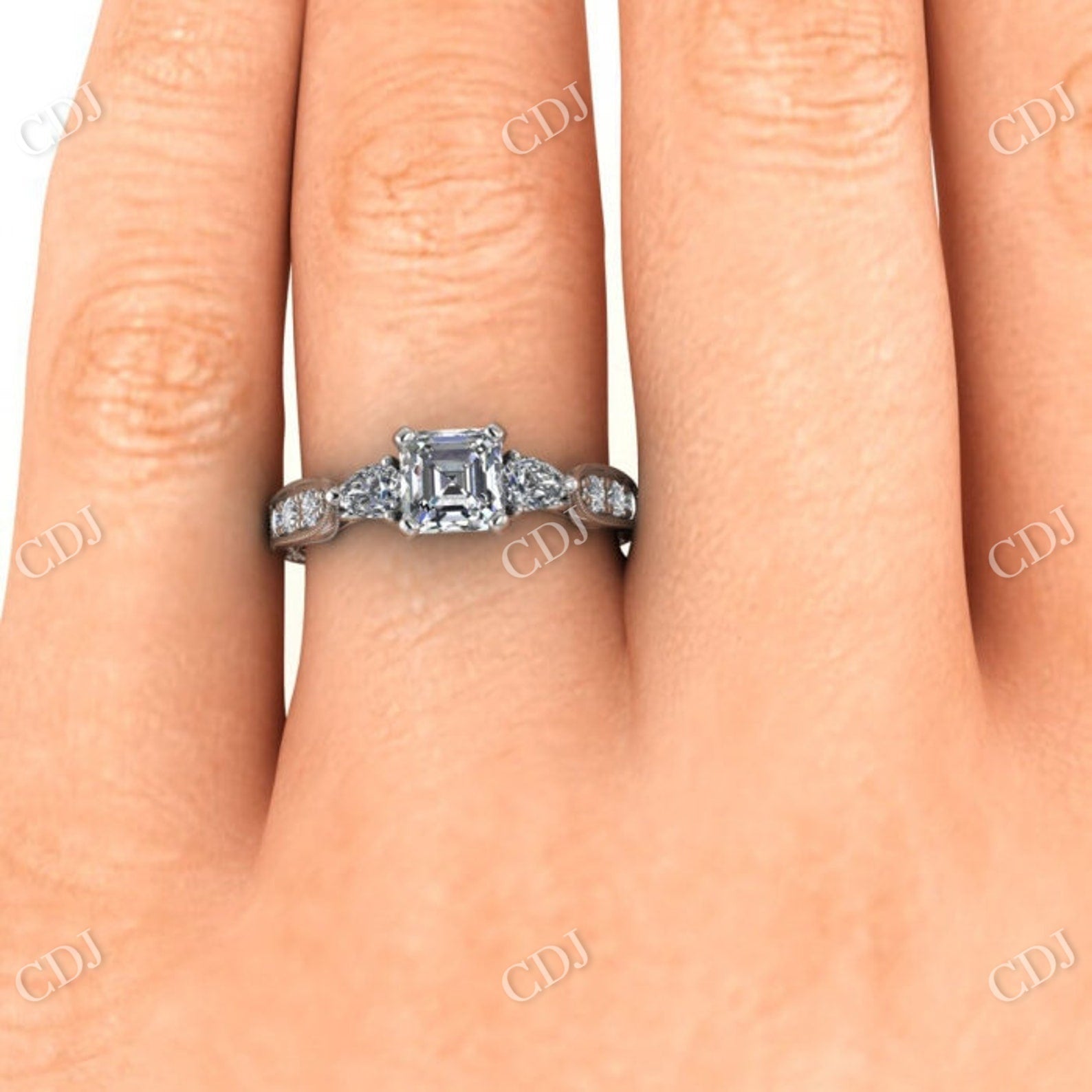 White Gold Asscher Cut Moissanite Pear Accent Ring  customdiamjewel   