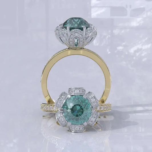 Halo Cyan Blue Portuguese Cut Moissanite Ring  customdiamjewel   
