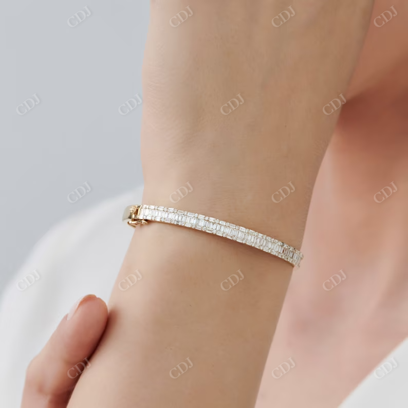 14k Gold Baguette and Round Natural Diamond Bangle Bracelet