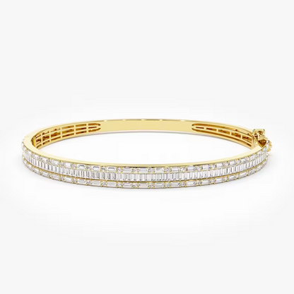 14k Gold Baguette and Round Natural Diamond Bangle Bracelet
