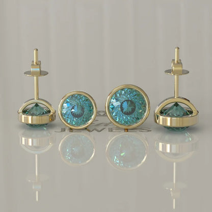 Portuguese Cut Cyan Blue Moissanite Stud Earrings  customdiamjewel 10KT Yellow Gold VVS-EF