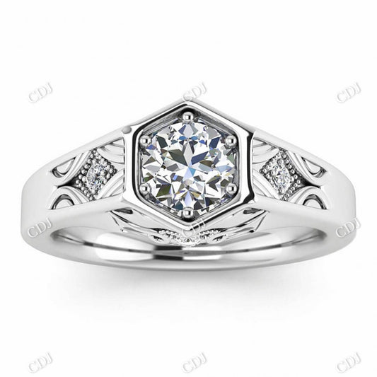 Round Cut Moissanite Hexagon Bezel Set White Gold Vintage Ring  customdiamjewel 10KT White Gold VVS-EF