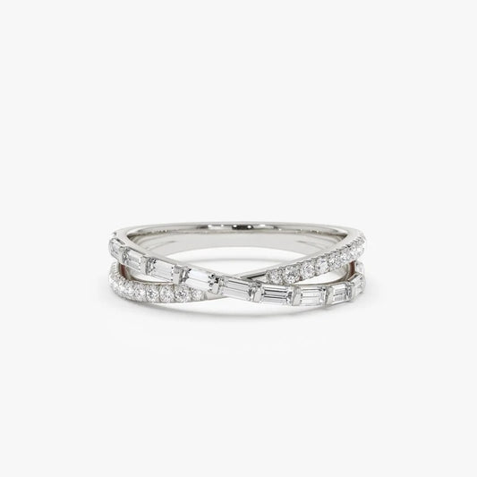 0.49CTW Mix Baguette and Round Lab Grown Diamond Crossover Band  customdiamjewel 10KT White Gold VVS-EF