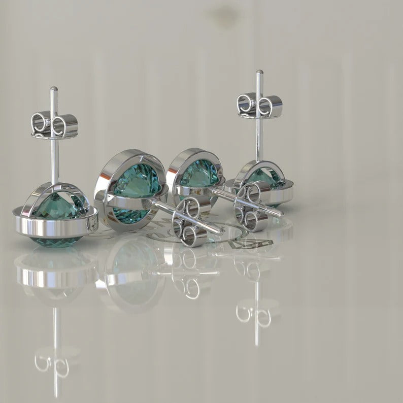 Bezel Set Portuguese Cut Cyan Blue Moissanite Stud Earrings  customdiamjewel   
