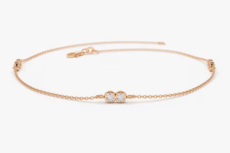 Round Bezel Setting Natural Diamond Duo Bracelet  customdiamjewel 10 KT Solid Gold Rose Gold VVS-EF