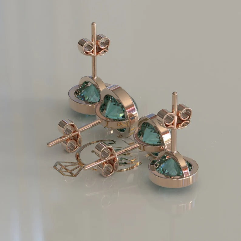 Bezel Set Portuguese Cut Cyan Blue Moissanite Stud Earrings  customdiamjewel   