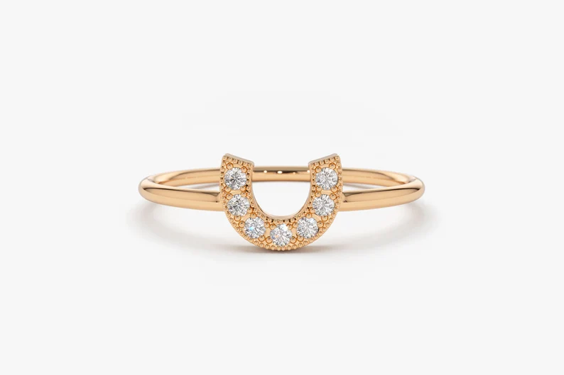 Round Cut White Diamond Horseshoe Wedding Band  customdiamjewel 10KT Rose Gold VVS-EF