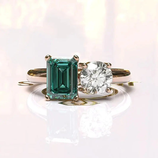 Cyan Blue Emerald Cut Toi Et Moi Moissanite Ring  customdiamjewel 10KT Yellow Gold VVS-EF