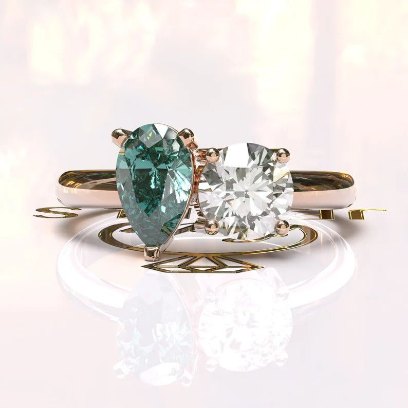 Cyan Blue Pear Cut Toi Et Moi Moissanite Ring  customdiamjewel 10KT Rose Gold VVS-EF