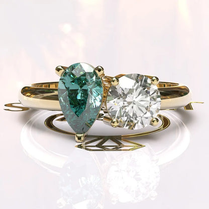 Cyan Blue Pear Cut Toi Et Moi Moissanite Ring  customdiamjewel 10KT Yellow Gold VVS-EF