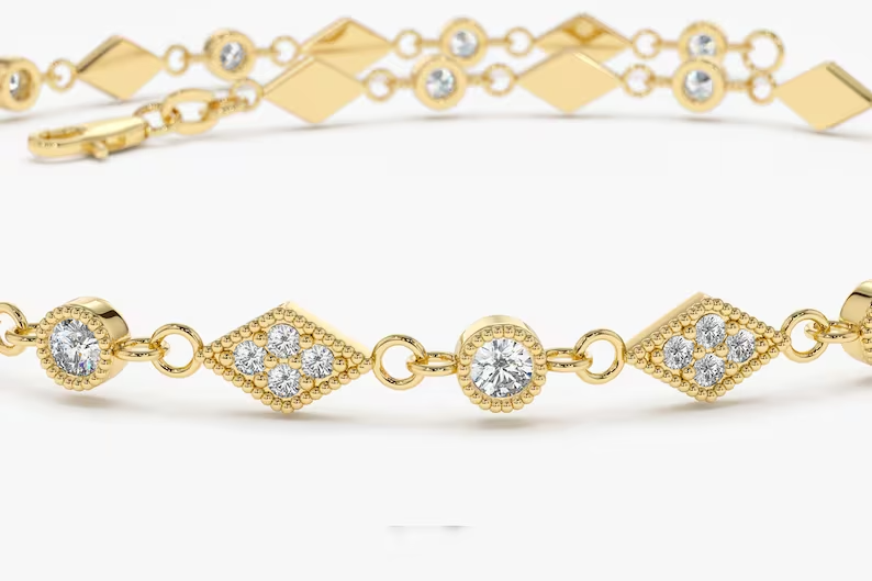 14k Gold Dainty Diamond Bracelet with Milgrain