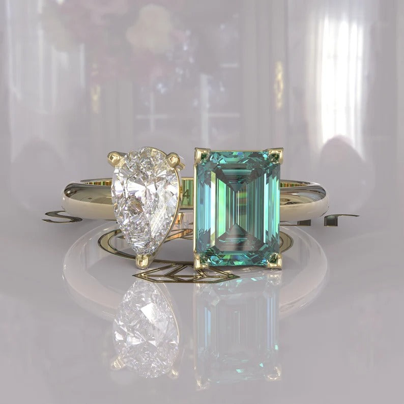 Cyan Blue Emerald Cut Toi Et Moi Moissanite Ring