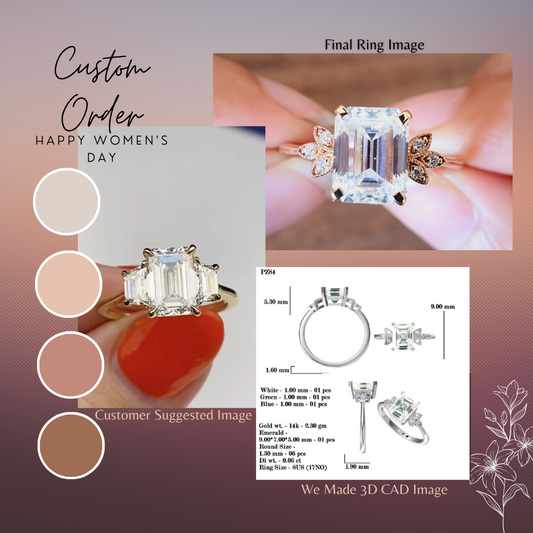 Emerald Cut Moissanite Side Three Stone Engagement Ring  customdiamjewel   