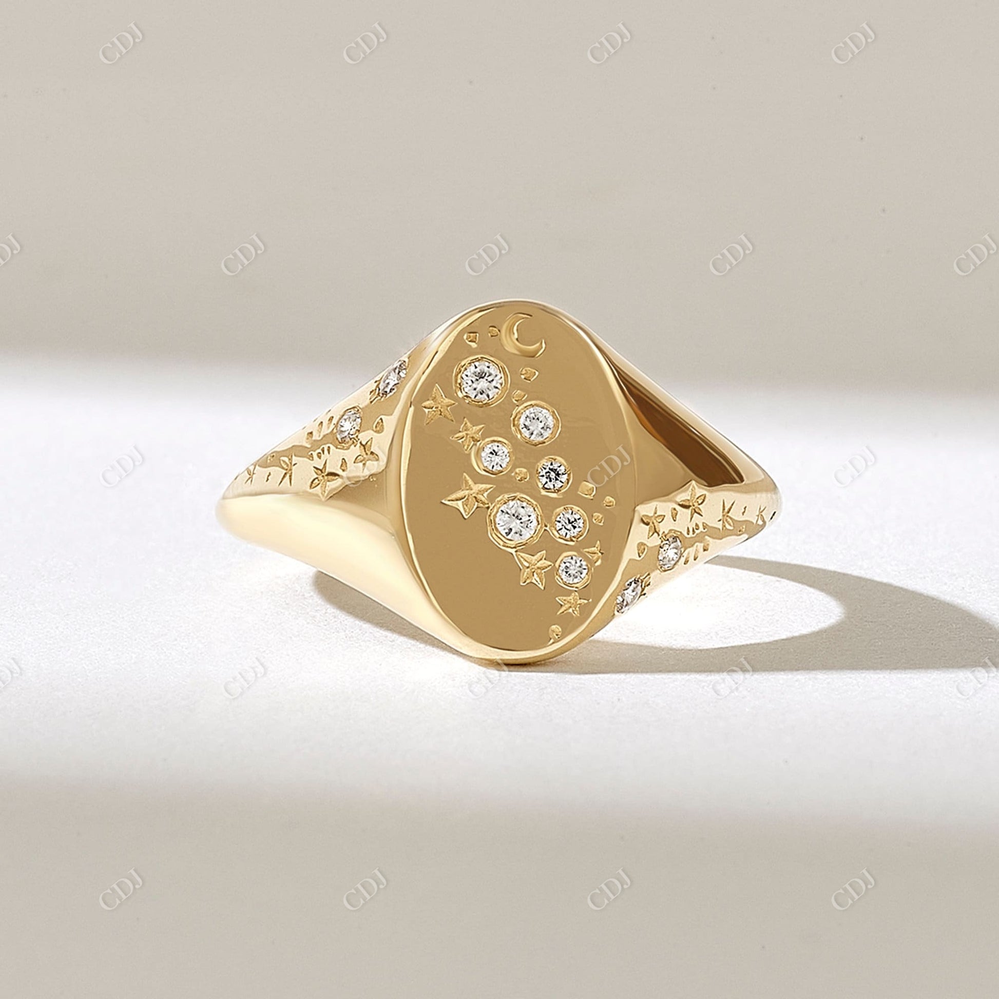0.09CTW Round Lab Grown Diamond Celestial Signet Ring  customdiamjewel 10KT Yellow Gold VVS-EF
