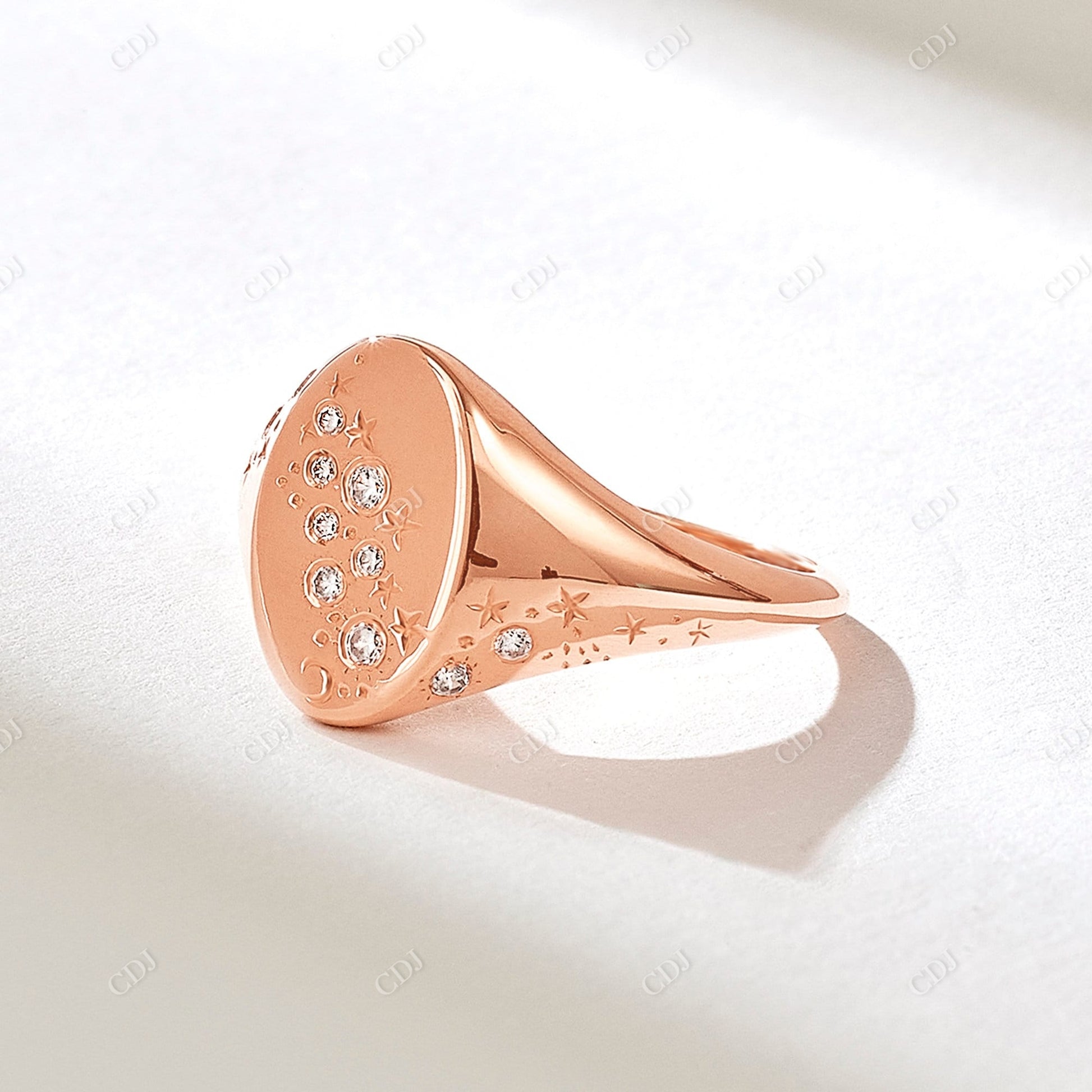 0.09CTW Round Lab Grown Diamond Celestial Signet Ring  customdiamjewel 10KT Rose Gold VVS-EF