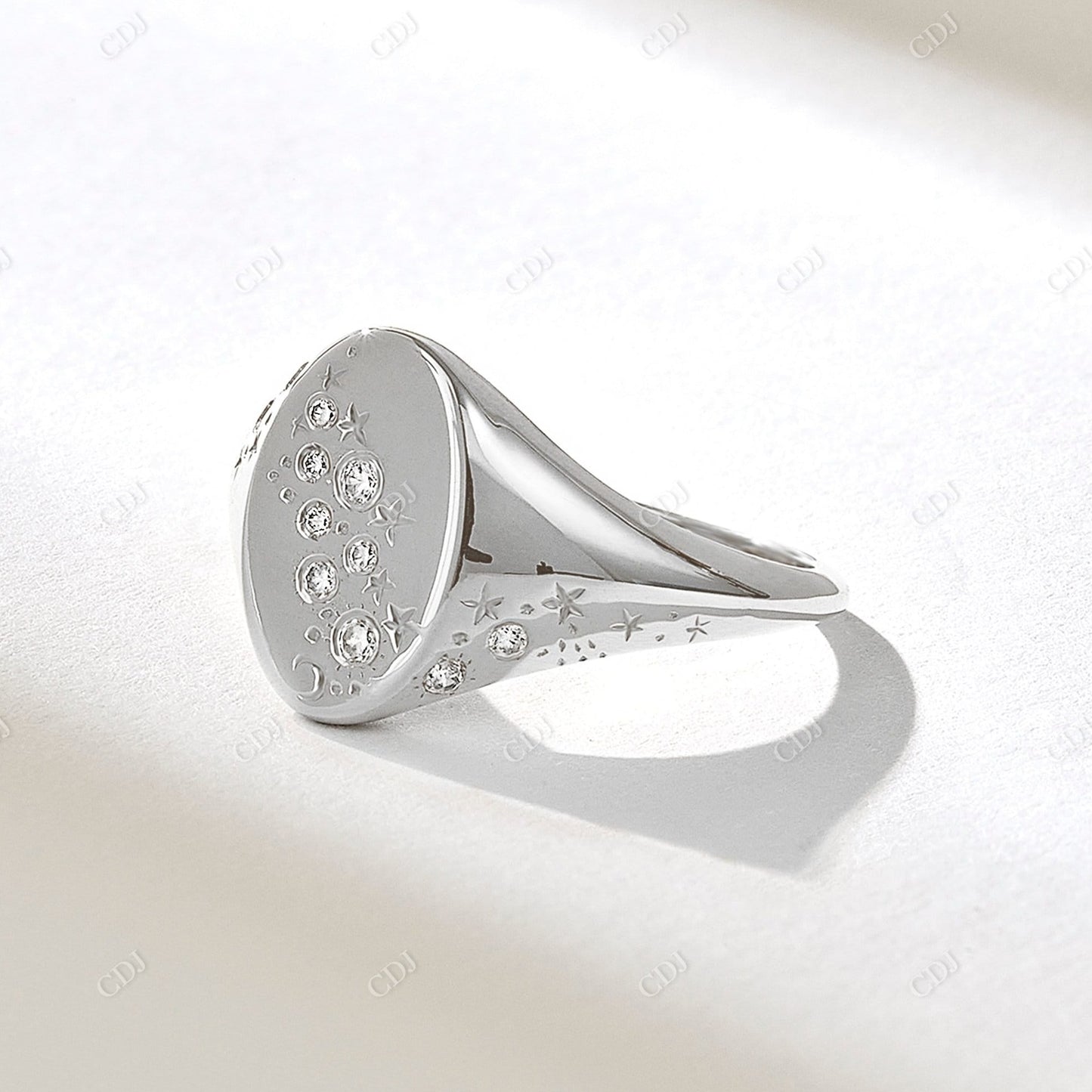 0.09CTW Round Lab Grown Diamond Celestial Signet Ring  customdiamjewel 10KT White Gold VVS-EF