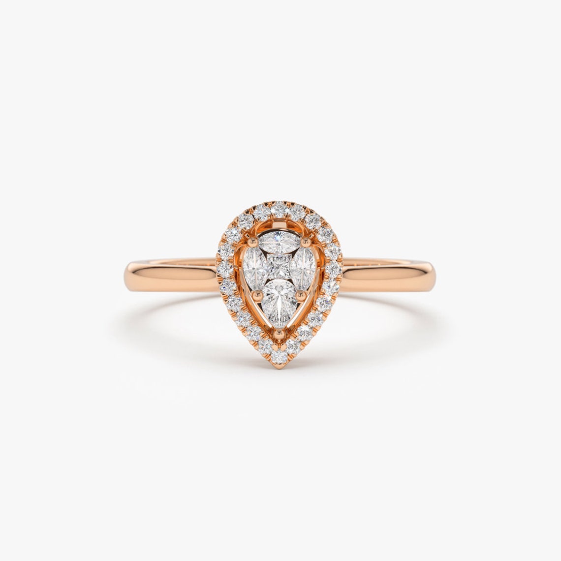 0.35CTW Pear Shape Natural Diamond Halo Solid Gold Engagement Ring  customdiamjewel 10 KT Solid Gold Rose Gold VVS-EF