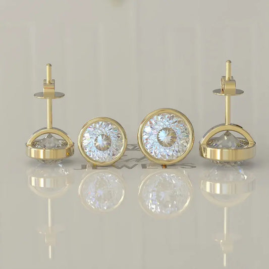 Bezel Setting Portuguese Cut Moissanite Stud Earrings  customdiamjewel 10KT Yellow Gold VVS-EF