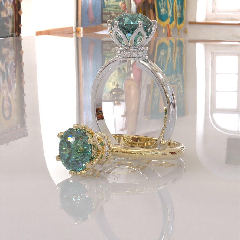 Solitaire Cyan Blue Portuguese Cut Moissanite Engagement Ring  customdiamjewel   